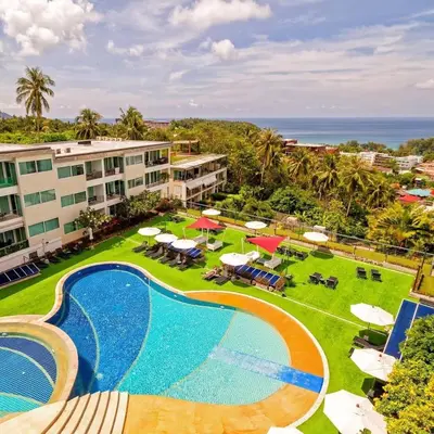an aerial view of a resort with a swimming pool at Karon Butterfly Condominium Brandnew 68m2 apartment, seaview, pool access, 500m to beach in Karon Beach