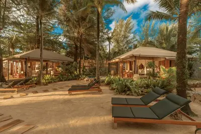 a resort with palm trees and chairs in front of it at Twinpalms Tented Camp Phuket in Bang Tao Beach