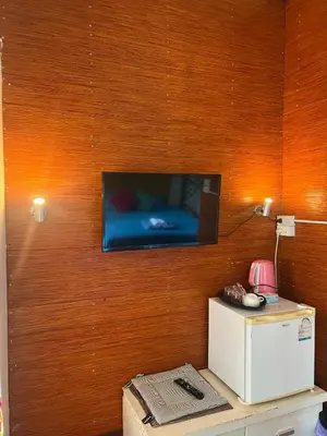 a wall with a tv on a wooden wall at Banpoo in Ko Yao Noi