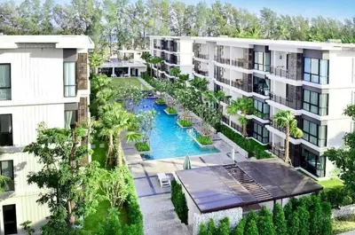 an aerial view of an apartment complex with a pool at The Title Seaview Apartment in Phuket Town