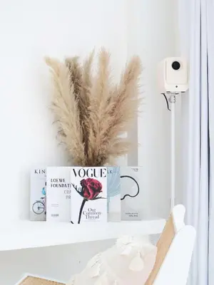 a shelf with books and a vase with feathers on it at MoonE in Karon Beach