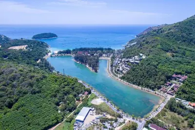 an aerial view of a river with a bridge at The Lago apartments 2bd in Phuket Town