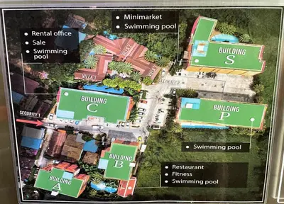 a map of a resort with buildings andyards at Nai Harn spacious studio great amenities in Rawai Beach