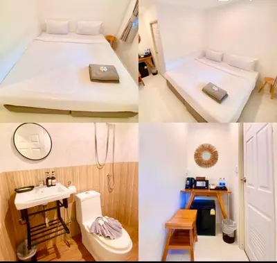 three pictures of a room with a bed and a sink at BB Hidden House in Phi Phi Don