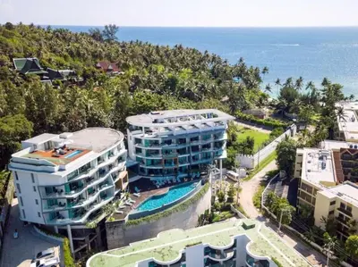 an aerial view of a hotel and the ocean at Private sea view studio at Twin Sands in Patong Beach