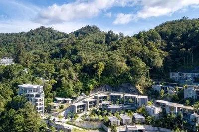 an aerial view of a building on a mountain at 2BR Pavilion near Kamala Beach, Natural Park P10 in Kamala Beach