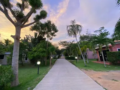 a sidewalk with palm trees and street lights in a park at Green Tree Cottage 1 in Klong Muang Beach