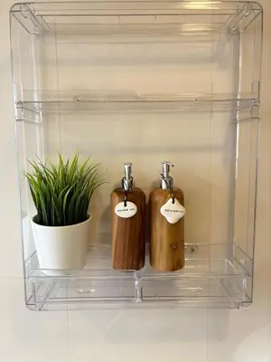 a glass shelf with two wooden bottles and a plant at Purr in Phuket Town