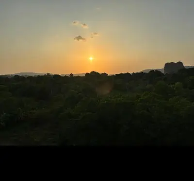a sunset over a field of trees with the sun setting at มัณดาวีต์ คอนโดa in Ban Khlong Son