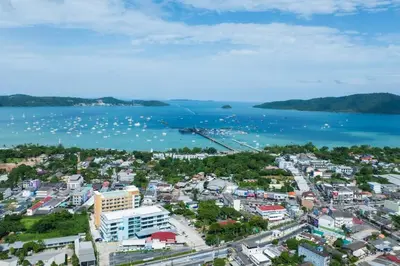 an aerial view of a city and the water at Large Corner Apartment 1BR - NV-207 in Chalong