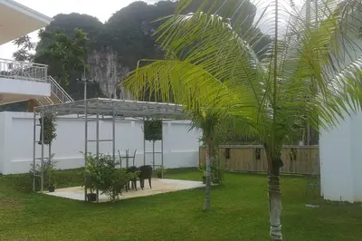 a palm tree in the yard of a house at Amidst tropical plantations and striking mountain views in Ban Khlong Haeng