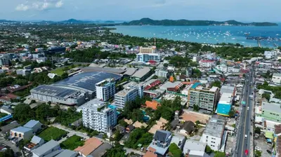 an aerial view of a city with a body of water at Boutique Bliss 1BR T1-506 in Chalong