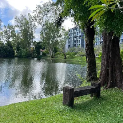 a bench sitting next to a tree next to a lake at Cassia Phuket laguna 1 BDR in Laguna Phuket