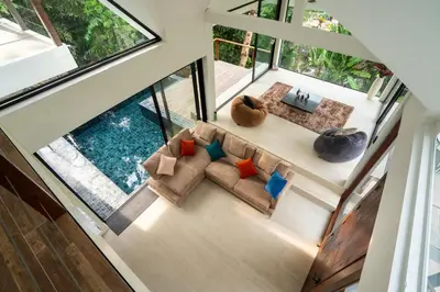 an overhead view of a living room with a pool at patong hill villa 3 in Patong Beach