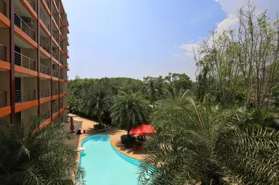 an aerial view of a resort with a swimming pool at Studio 777 condo MaiKhao in Phuket Town