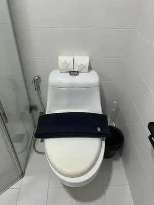 a bathroom with a toilet with a black towel on it at Karon Butterfly Residence in Kata Beach