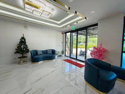 a living room with blue couches and a christmas tree at The Answer Hotel in Ao Nang Beach