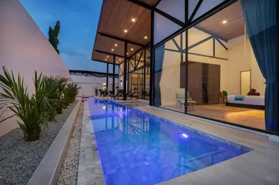 an indoor swimming pool in a house at Trendy & New 19m Oxygen Pool Villa Sunset Garden 10 in Rawai in Rawai Beach