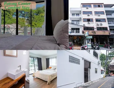a collage of photos of a building and a room at Patong Center Comfort Stay in Patong Beach