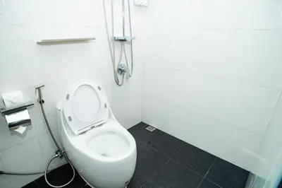 a white toilet in a bathroom with a shower at Songbird Suites - Deluxe 2 Bedroom, 2 Bathroom Apt in Ban Khlong Haeng