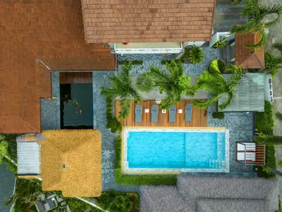 an overhead view of a swimming pool in a house at kamala 1000 sqm new luxury 4 bedroom holiday pool villa extra large space amazing sunset in Kamala Beach