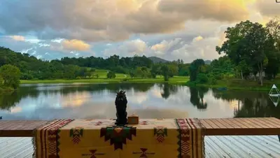 a cat sitting on a table in front of a lake at Camping Phuket 88 in Kathu