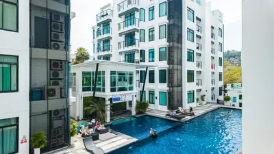 an aerial view of a building with a swimming pool at Apartment 2 bedrooms on Kamala in Phuket Town