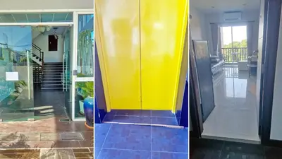 two pictures of a hallway with a yellow door at spacious and modern Apartment in Ao Nang in Ban Khlong Haeng