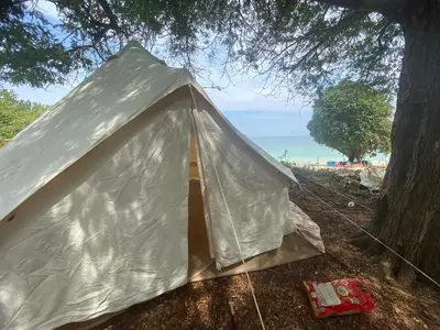 a tent sitting under a tree next to the beach at Private Beach Camping on island at Koh Lon Island in Ko Lon