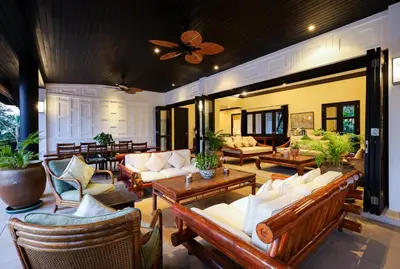 a living room with couches and chairs and a ceiling at Katamanda villa Eden Large Villa near Kata Beach in Kata Beach