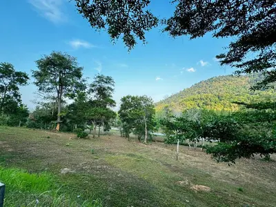 a field with trees and a mountain in the background at Ananda Place in Ban Pa Khlok