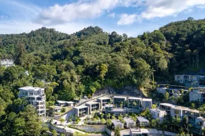 an aerial view of a building on a mountain at 1BR Pavilion Natural Park P07 Kamala Beach in Kamala Beach