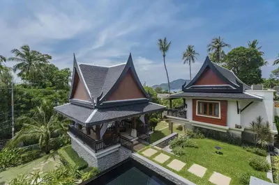 an aerial view of a house with a swimming pool at Salika Luxury 5.5 Bed Villa Seaview With Maids in Rawai Beach