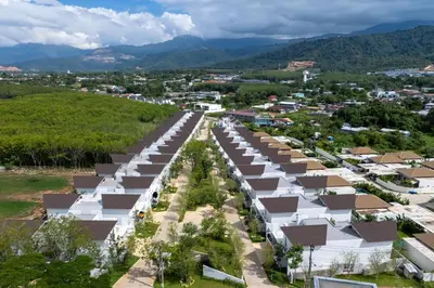 an aerial view of a city with rows of houses at Designer 3BR Pool Villa in New Build LuxPride 4 L8 Residence in Bang Tao Beach