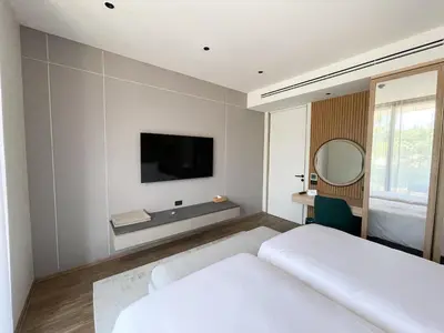 a bedroom with a bed and a tv on the wall at Layan Green Residence by ShowProperty in Layan Beach