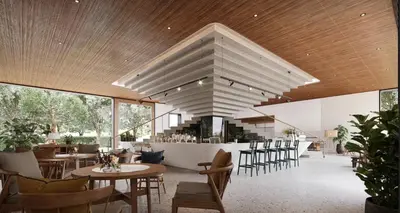 a restaurant with wooden ceilings and tables and chairs at Qabalah 2BR Villa Pool Rooftop Near Bangtao by TropicLook in Bang Tao Beach