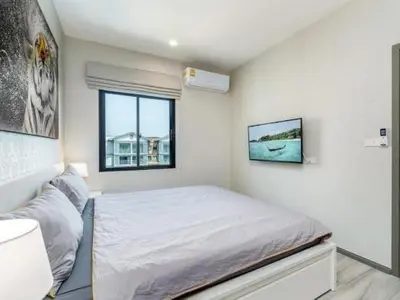 a white bedroom with a bed and a window at А4 Title 2-bedroom 86м2 ВатСaп66935B2I976 in Nai Yang Beach