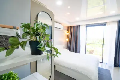 a hotel room with a mirror and a plant at White Room in Ban Mai Salae