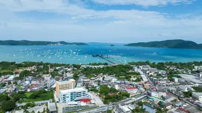 an aerial view of a city and a body of water at Modern Retreat 1- BedT3-529 in Chalong