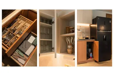 three different pictures of a kitchen with a refrigerator at NEW! Laguna Beachside Apt 100 m2 in Ban Thalat Choeng Thale