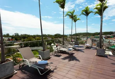 a row of chairs sitting on a deck with palm trees at Mountain view apartment near Kata beach in Kata Beach