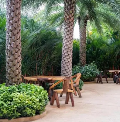 a group of picnic tables and palm trees at Lux apartment Mai Khao beach in Mai Khao Beach