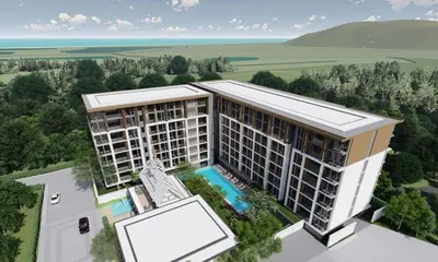 an aerial rendering of a building with a pool at C231 Brand-New 1BR Prime Spot Pool&Gym Near Beach in Bang Tao Beach