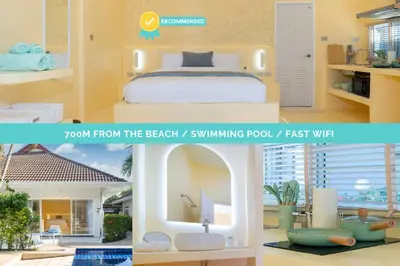 a collage of photos of a bedroom and a bathroom at Loft with pool - 8min walk to Rawai Beach - 