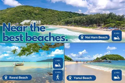 two pictures of a beach with the words near the best beaches at Loft with pool & patio - 8 min to Rawai beach - 