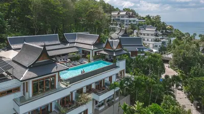 an aerial view of a resort building with a swimming pool at Luxurious Villa in Thalang with Private Pool and Ocean Views in Amphoe Thalang