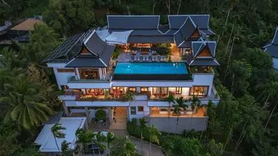 an aerial view of a house with a swimming pool at Luxurious Villa in Thalang with Private Pool and Ocean Views in Amphoe Thalang