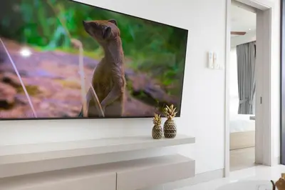 a dog sitting on a tv screen in a living room at Cassia Residences - 1BDR - Sea view in Laguna Phuket