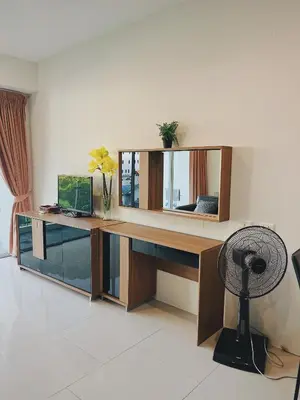 a desk with a mirror and a fan in a room at CHIC Beautiful apartment by the seaside, terrace, pool, free gym in Karon Beach