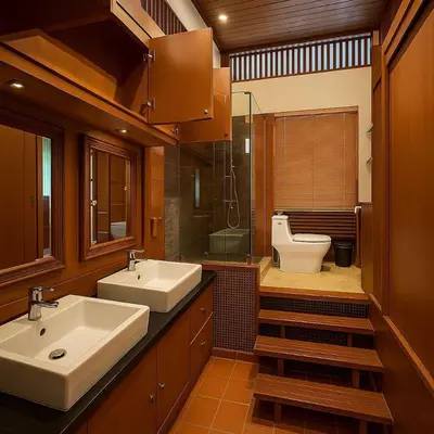 a bathroom with two sinks and a toilet at Tropical Thai Loft with Koi Pond in Kamala Beach